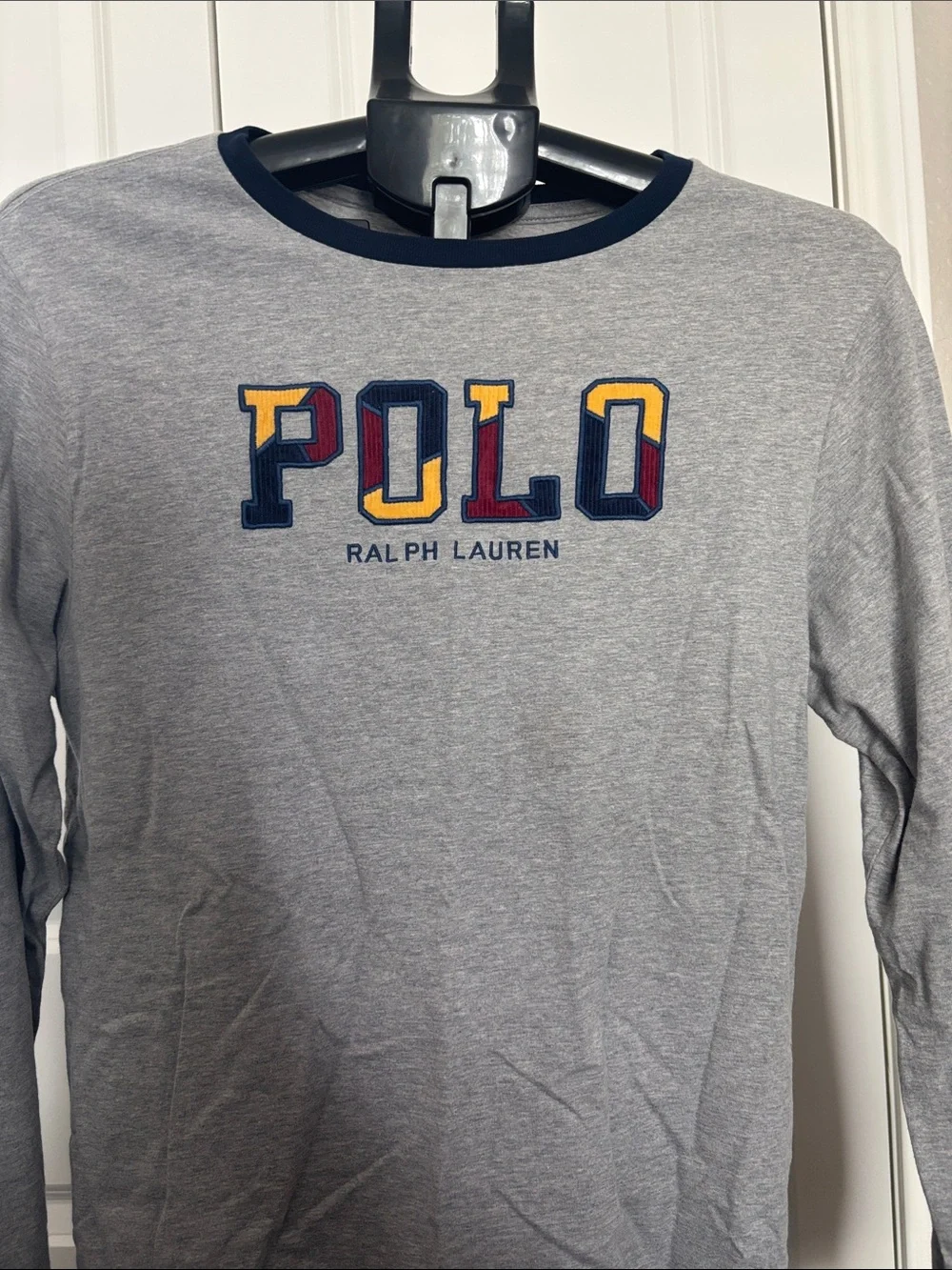 Ralph Lauren Kids Grey Long-Sleeve POLO Logo Tee with Navy Trim